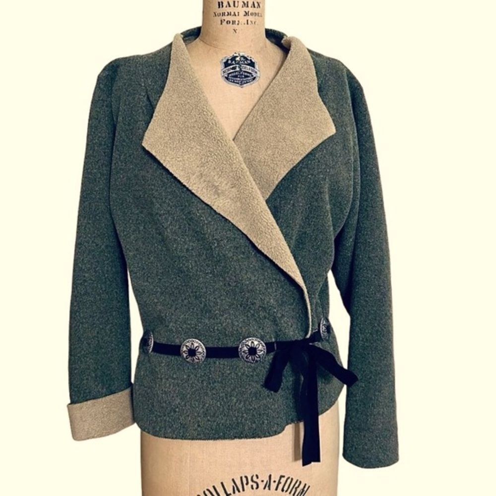Catwear, Maine southwest boho wrap fleece cardigan - tan and green size large